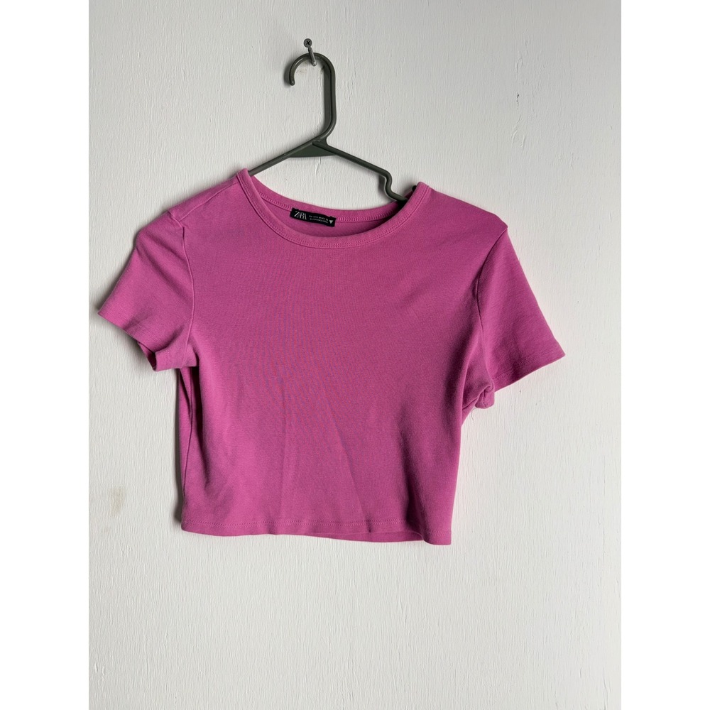 Zara Basic Magenta Pink Ribbed Crop Top Short Sleeve Crew Neck Tee Size Medium